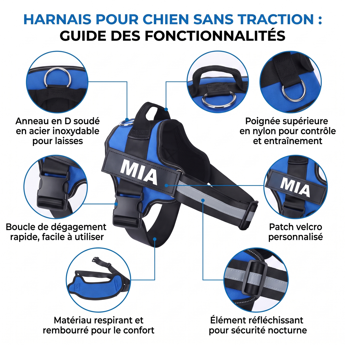 Harnais Chien Anti-Traction Personnalisé - Anneaux Métal, Réfléchissant