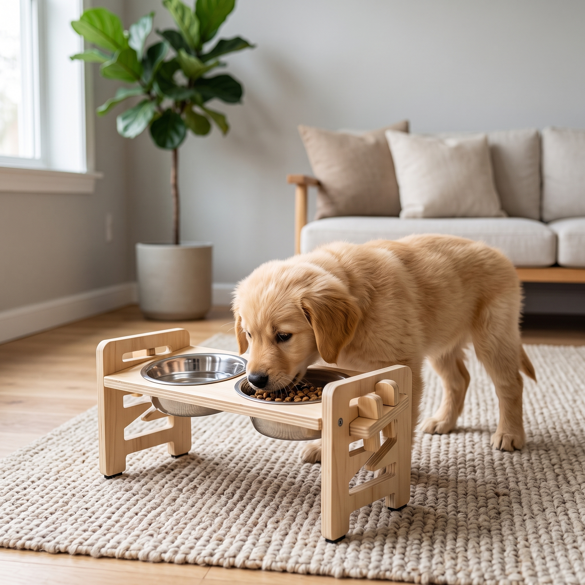 Gamelle Surélevée Chien en Bois - 6 Réglages, Bols Inox - Maison Roam