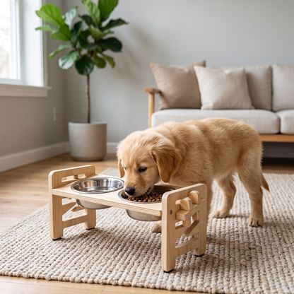 Gamelle Surélevée Chien en Bois - 6 Réglages, Bols Inox - Maison Roam