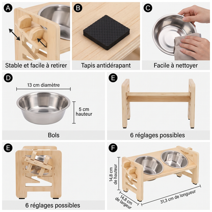 Gamelle Surélevée Chien en Bois - 6 Réglages, Bols Inox - Maison Roam