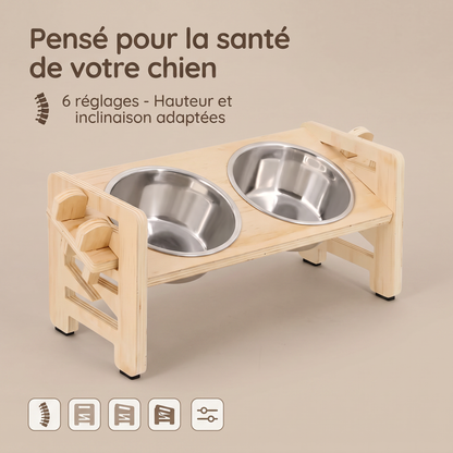 Gamelle Surélevée Chien en Bois - 6 Réglages, Bols Inox - Maison Roam