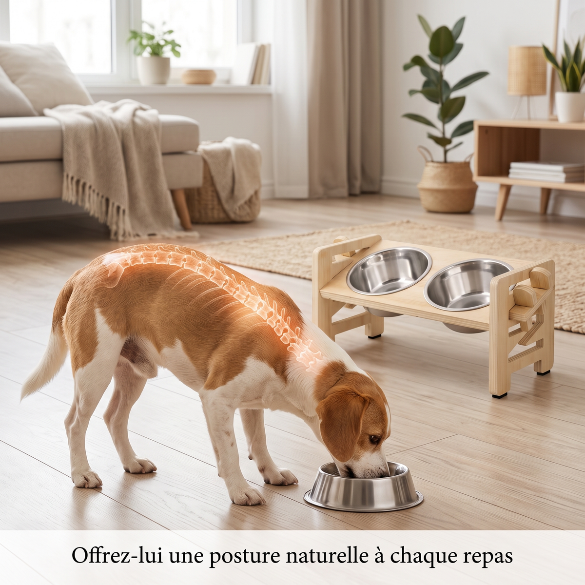 Gamelle Surélevée Chien en Bois - 6 Réglages, Bols Inox - Maison Roam